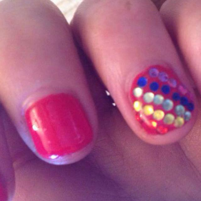 Rainbow gems on Bio Sculpture red nails